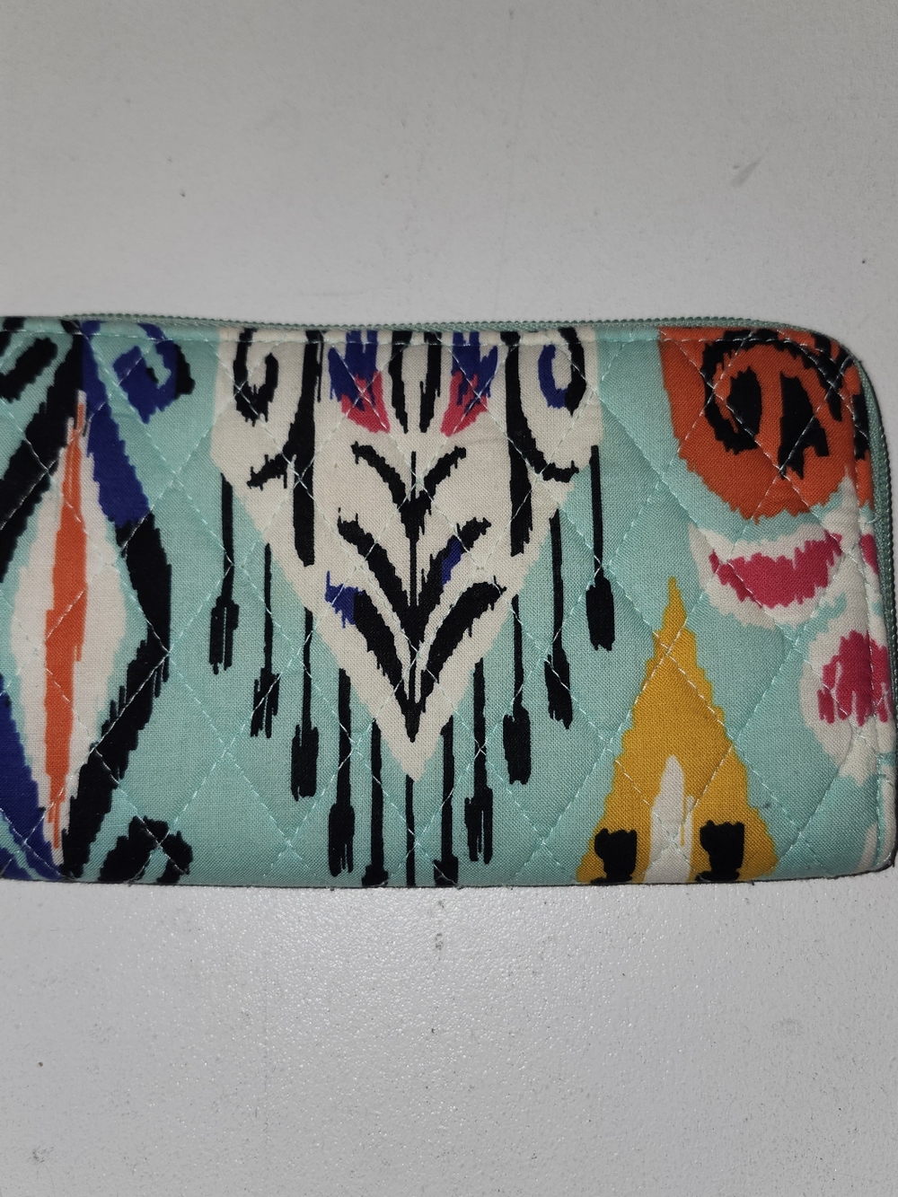 Vera Bradley Quilted Turquoise Ikat Zip Wallet with Multicolor Accents